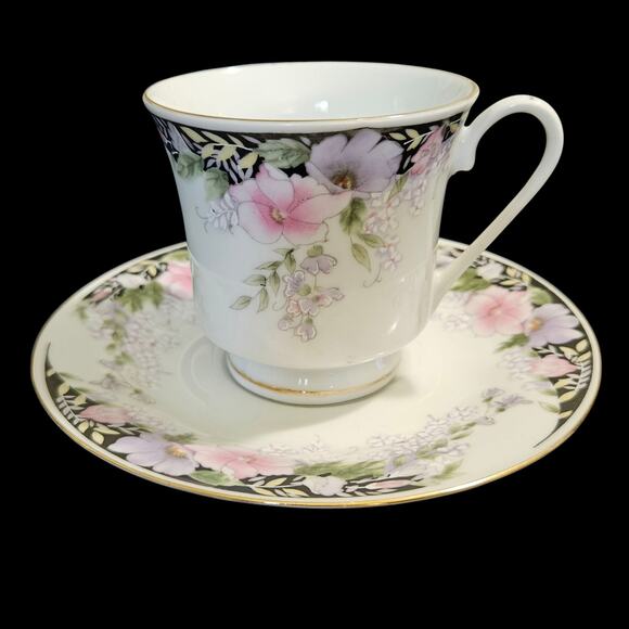 Set of 4 Floral China Teacup & Saucer Sets Pink Purple Flowers Gold Trim - Picture 2 of 4